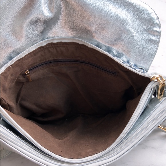 Boutique Denim & Silver Woven Crossbody Bag Rhinestone Stud Flap Boho Western - Picture 4 of 6